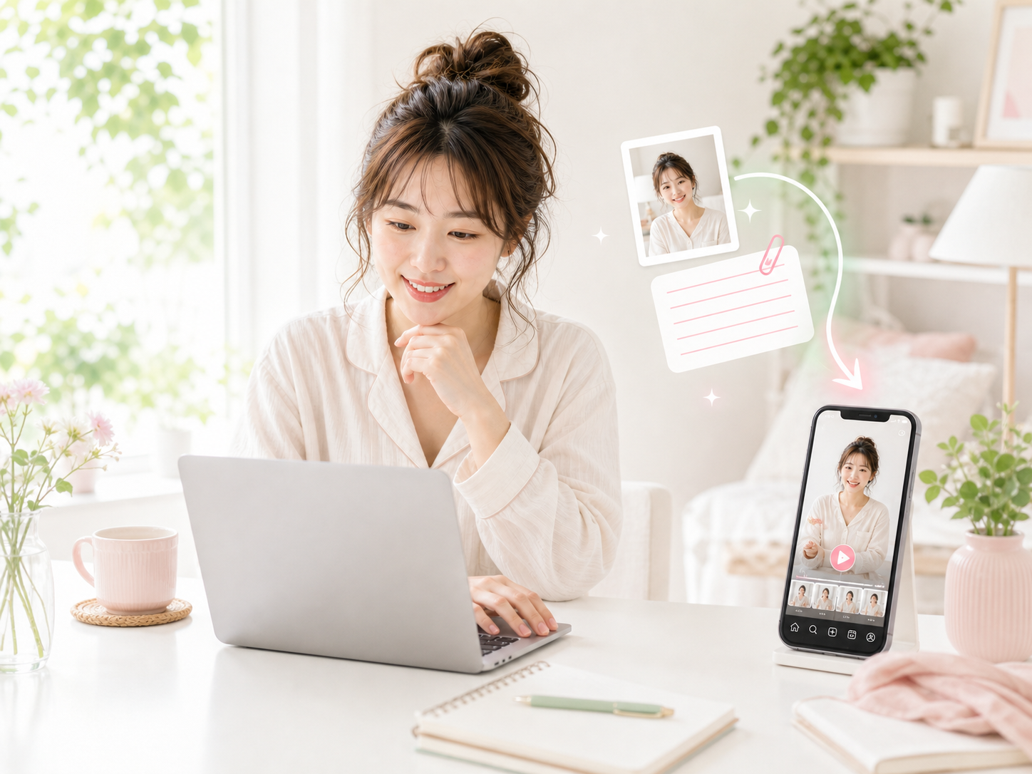 PCで台本を作成し、写真と台本からAIアバター動画を作るイメージ