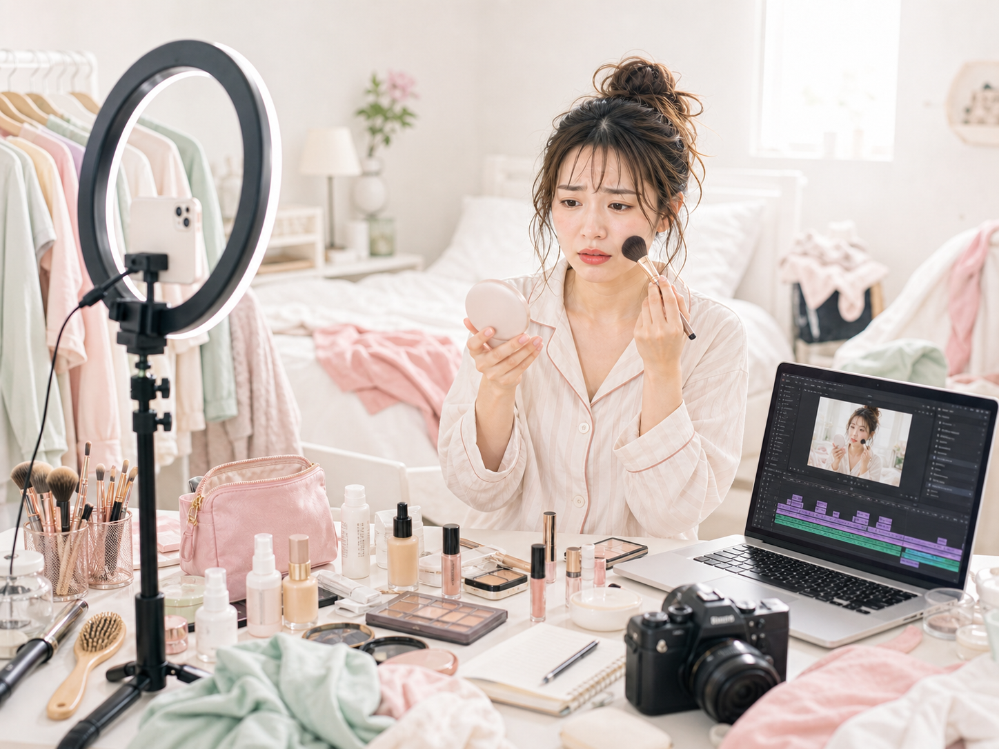 メイク、撮影、編集で忙しくリールを撮っている女性のイメージ